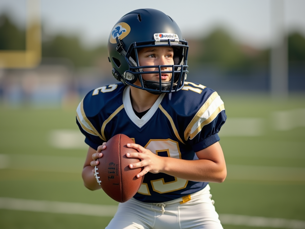 A kid playing football without gloves