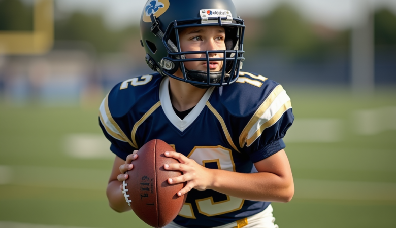 A kid playing football without gloves